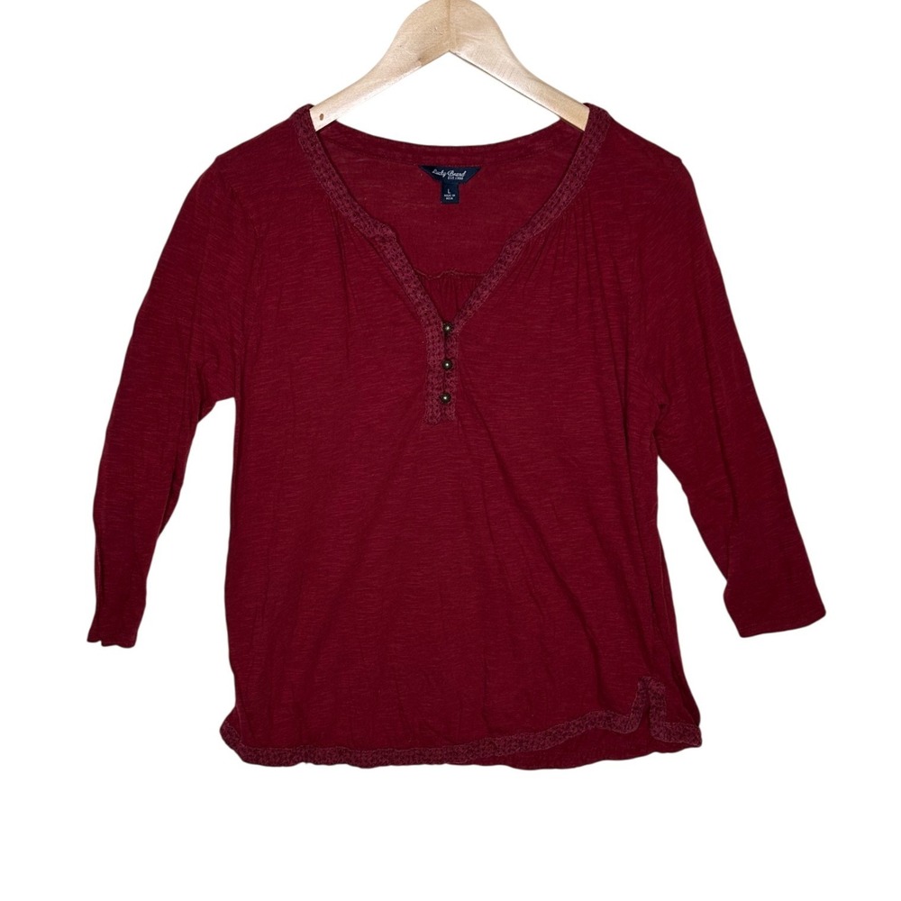 Lucky Brand Long Sleeve Lace Trim Henley Top size Large Burgundy Red